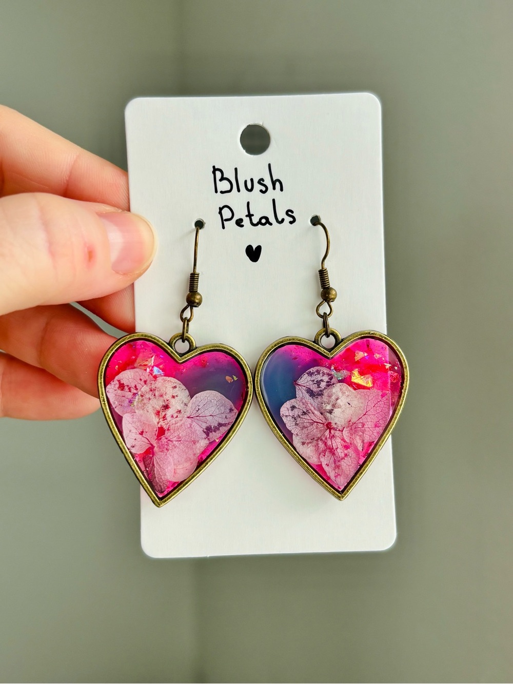 Blush Petals Resin Heart Earrings Handmade Real Dried Flower Botanical